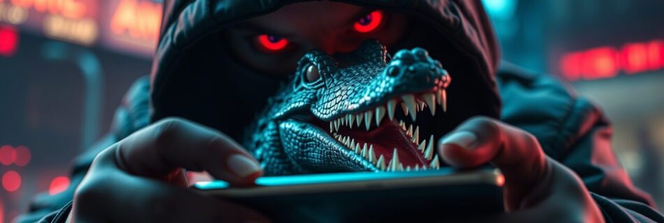 Una figura misteriosa, avvolta in una felpa con cappuccio nero, tiene in mano uno smartphone. Il volto è coperto da una maschera stilizzata a forma di testa di rettile, con occhi rossi luminosi e denti aguzzi visibili attraverso la bocca aperta. Lo sfondo mostra luci al neon rosse e blu tipiche di una città notturna futuristica.