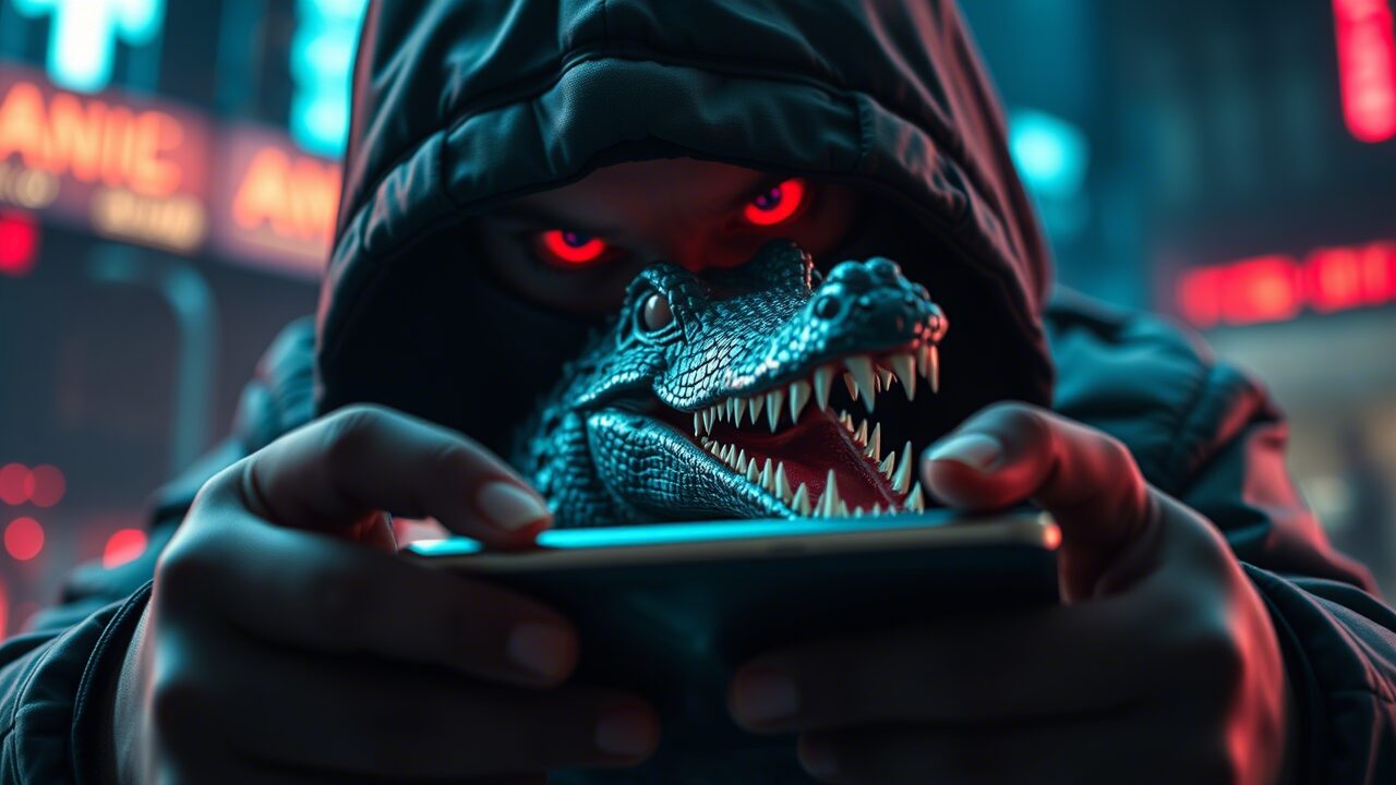 Una figura misteriosa, avvolta in una felpa con cappuccio nero, tiene in mano uno smartphone. Il volto è coperto da una maschera stilizzata a forma di testa di rettile, con occhi rossi luminosi e denti aguzzi visibili attraverso la bocca aperta. Lo sfondo mostra luci al neon rosse e blu tipiche di una città notturna futuristica.