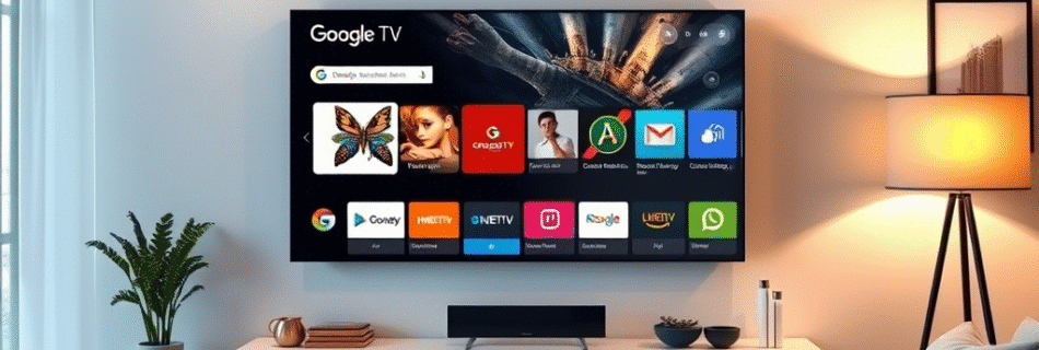 L'immagine mostra un salotto con una smart tv con android e google tv.