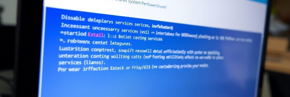 Schermo di un computer che mostra una finestra di comando con testo criptico o alterato. Lo sfondo è blu, e il testo è scritto in bianco con alcuni comandi evidenziati in rosso. L'interfaccia ricorda un ambiente di linea di comando o un terminal.