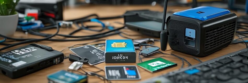 L'immagine mostra sim IoT con router appoggiati su una scrivaania pronti per essere usati.