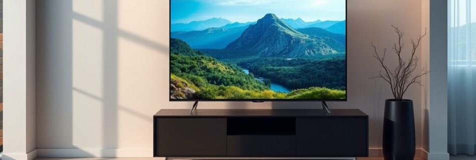 l'immagine mostra una tv con un wallpaper e sfondo di una montagna mostrando un canale tv attivo.