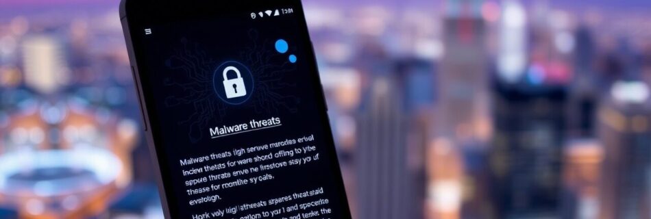 L'immagine mostra come sfondo una città grande co nuno smartphone che prende un malware bancario.