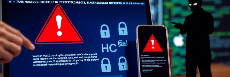 L'immagine mostra dei dispositivi apple come macbook e iPhone con allerta di Malware nei sistemi.