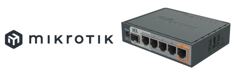 L'immagine mostra il logo mikrotik con un router switch mikrotik routerboard os modello Hex-S