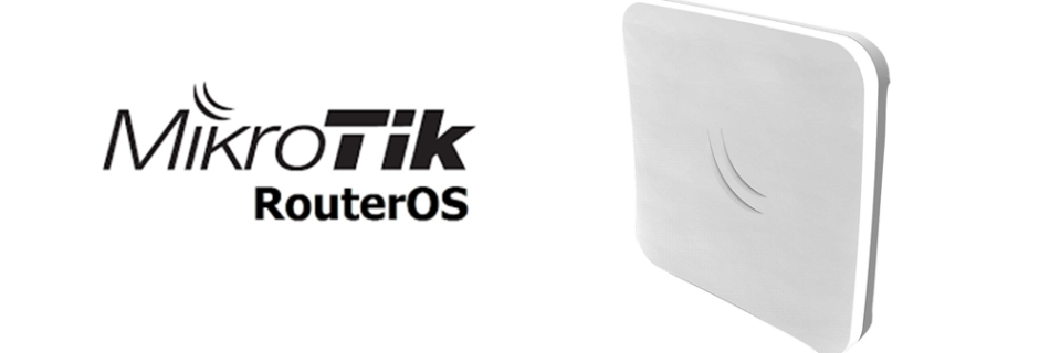 L'immagine mostra il logo mikrotik con sistema roterboard os e un antenna point to point mikrotik