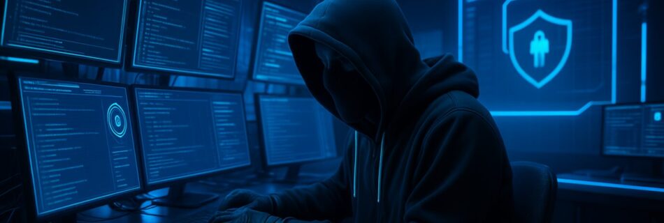 L'immagine mostra un whitehat hacker che combatte contro virus informatici tra cui rootkit e backdoor.