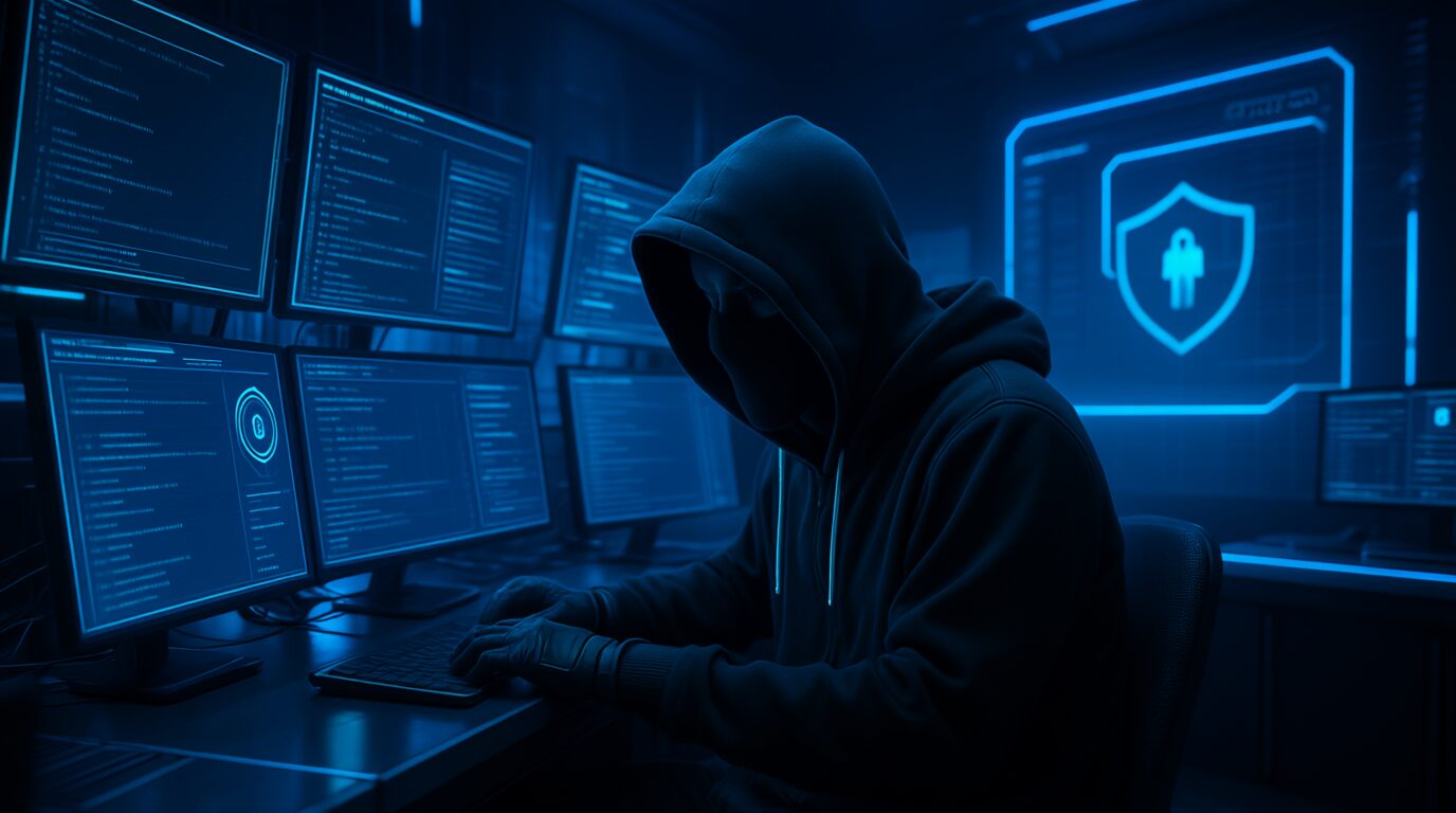 L'immagine mostra un whitehat hacker che combatte contro virus informatici tra cui rootkit e backdoor.