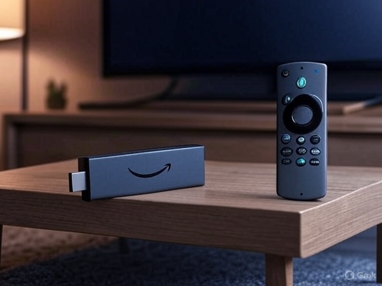 L'immagijne mostra fire tv stick amazon e telecomando pronto all'uso.
