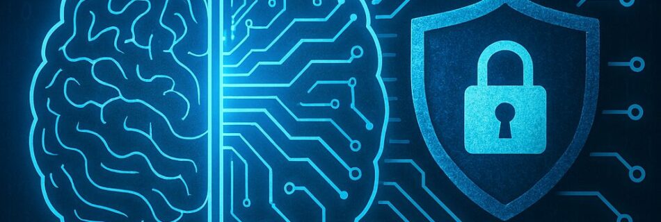 L'immagine mostra un cervello artificiale e una protezione di sicurezza informatica.