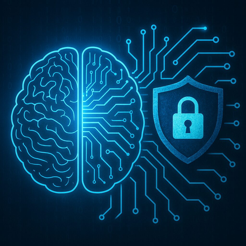 L'immagine mostra un cervello artificiale e una protezione di sicurezza informatica.