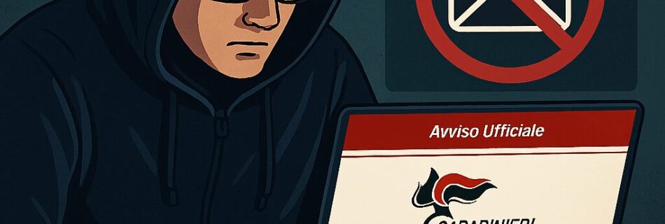 L'immagine mostra un hacker che tenta vi violare con una email di Phishing una vittima con email inviata dai carabinieri falsa.
