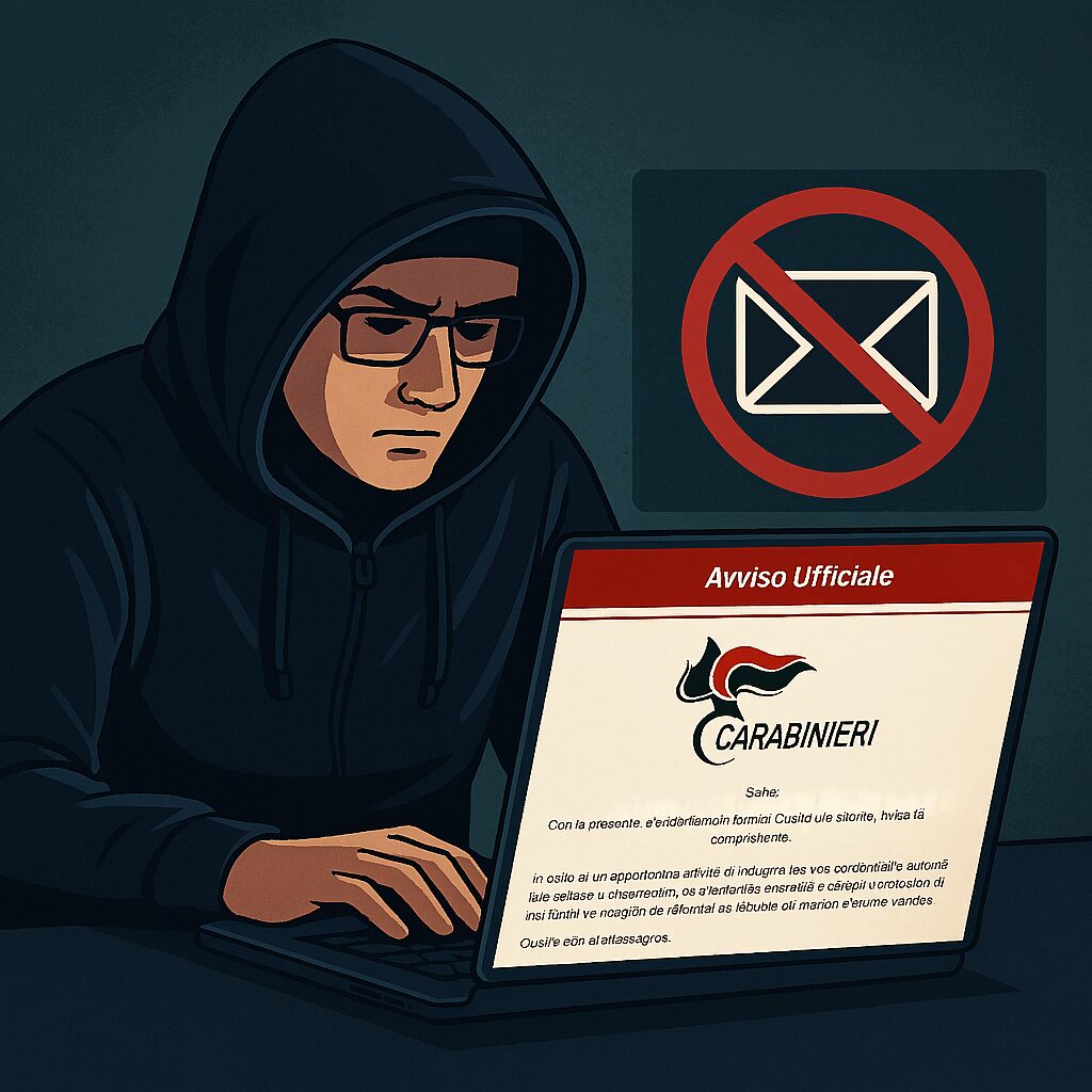 L'immagine mostra un hacker che tenta vi violare con una email di Phishing una vittima con email inviata dai carabinieri falsa.