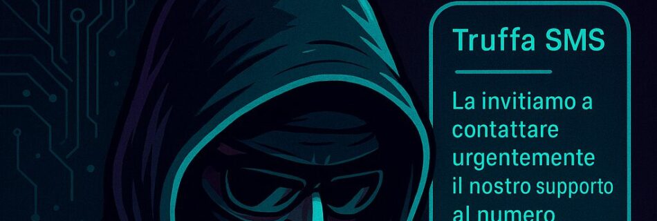 L'immagine mostra un hacker blackhat che invia un sms di truffa alla vittima.