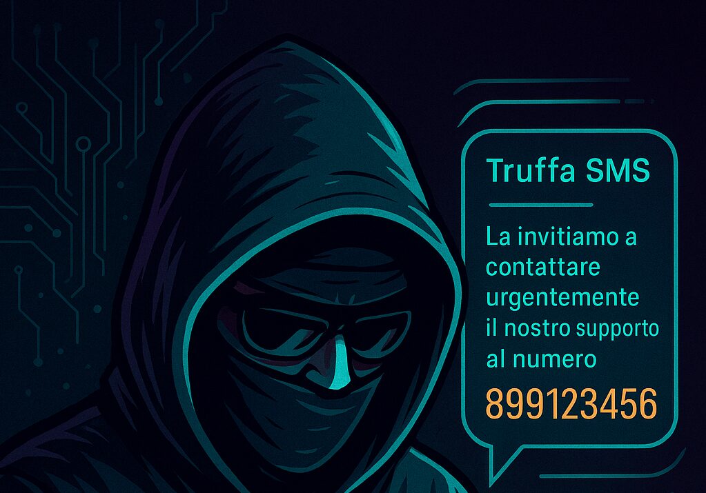 L'immagine mostra un hacker blackhat che invia un sms di truffa alla vittima.