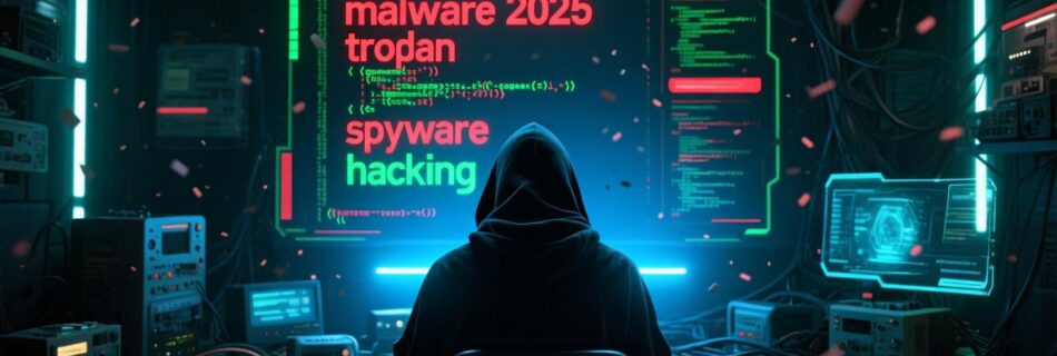L'immagine mostra un hacker che invia malware di tipo trojan e spyware nei sistemi informatici.