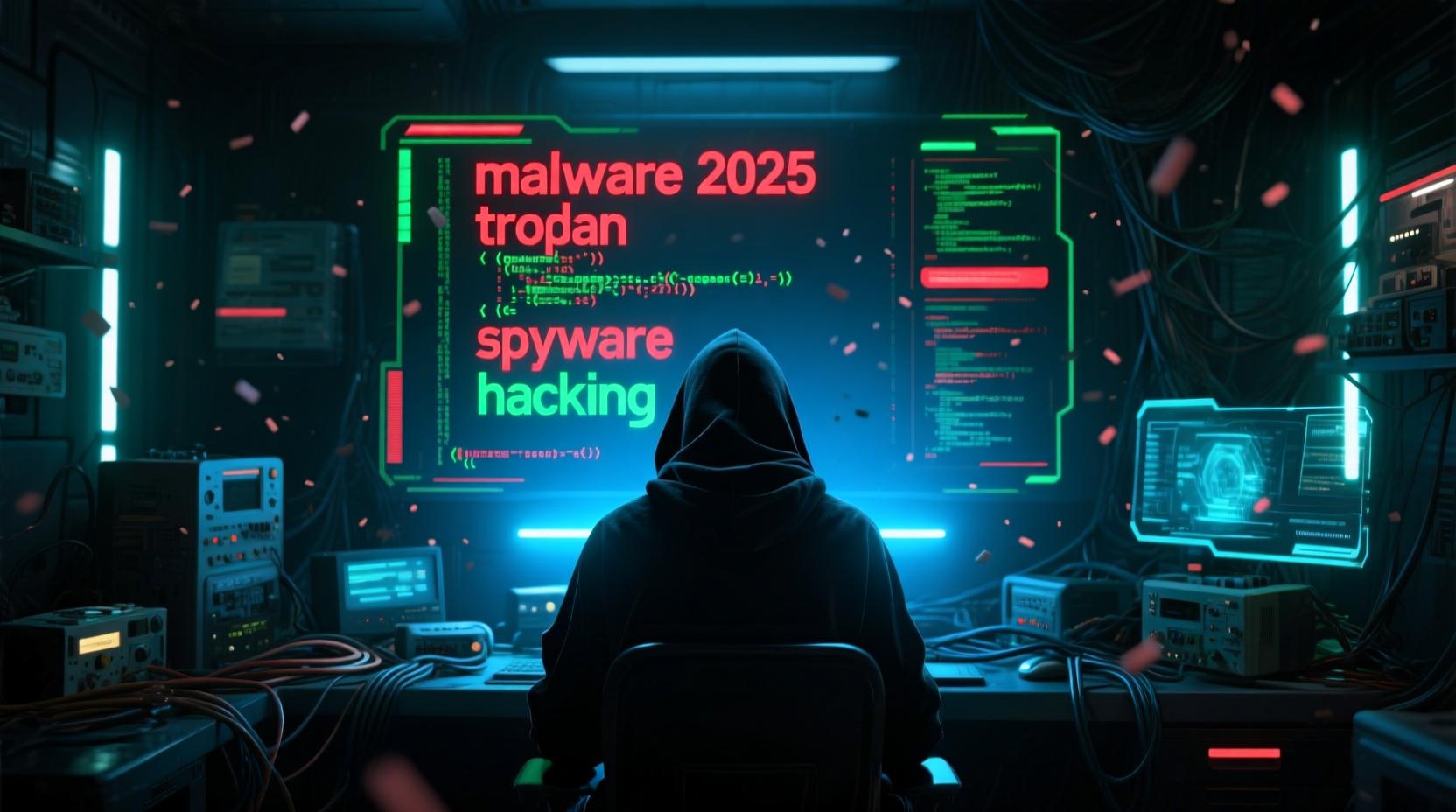 L'immagine mostra un hacker che invia malware di tipo trojan e spyware nei sistemi informatici.