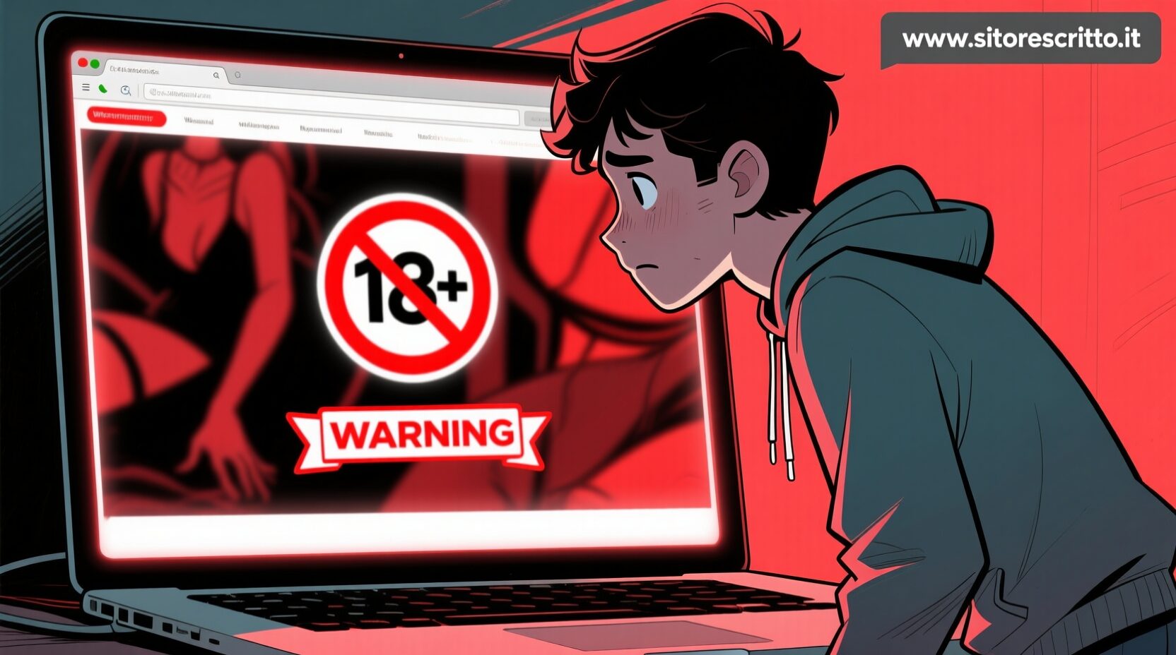 L'immagine mostra un ragazzo che tenta un accesso ad un sito vietato ad i minori di 18anni tra l'altro chiuso per violenze.