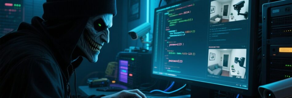 L'immagine mostra un hacker che viola delle telecamere casalinghe e pubbliche attraverso vulnerabilità delle password e delle CVE.