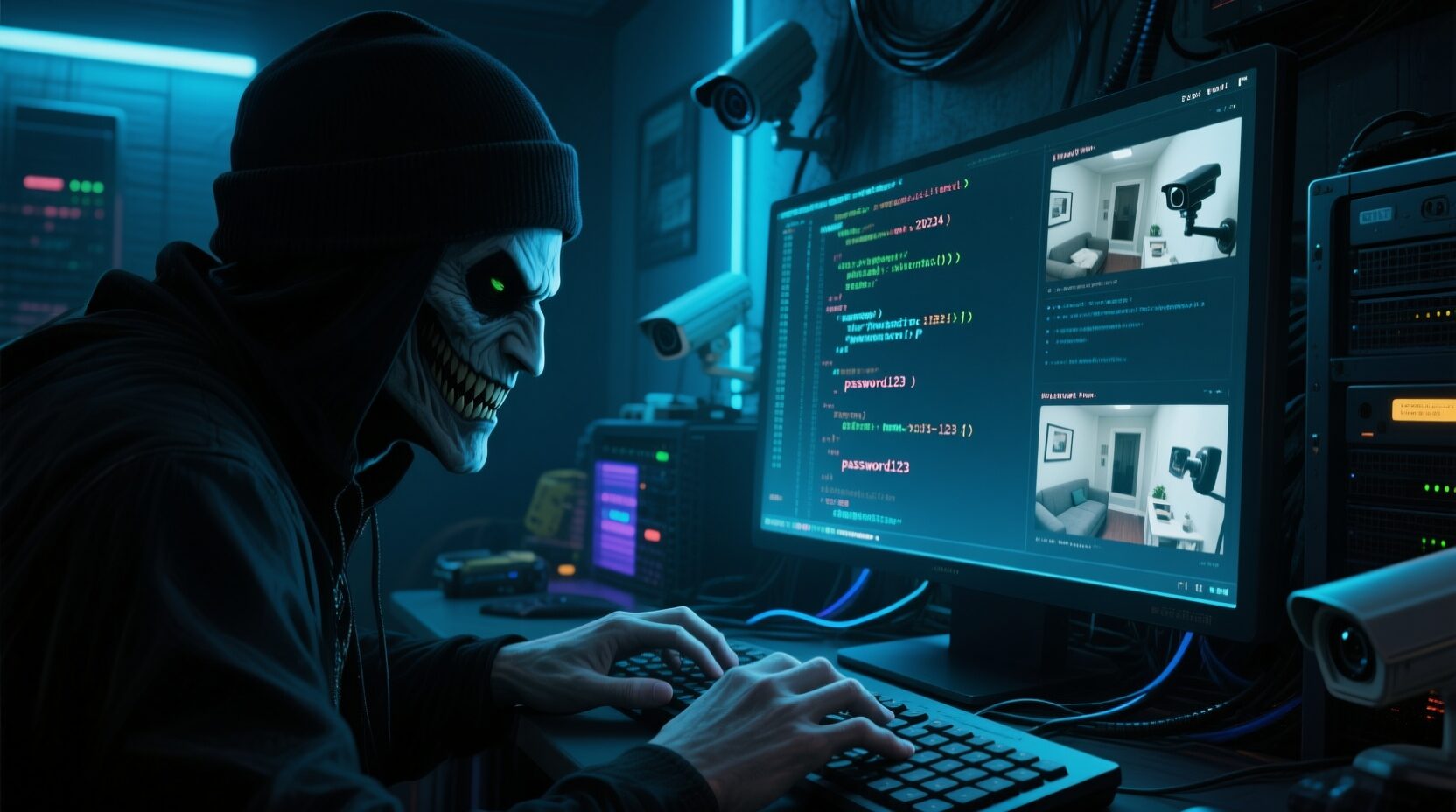L'immagine mostra un hacker che viola delle telecamere casalinghe e pubbliche attraverso vulnerabilità delle password e delle CVE.
