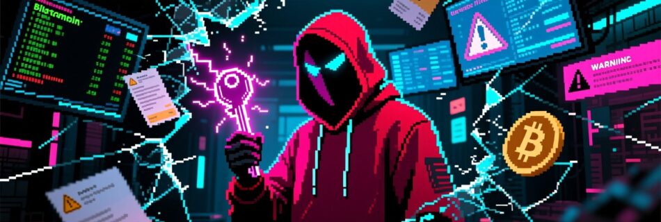 L'immagine mosraun hacker vestito di rosso a livello di criminale che infetta con i ransomware i sistemi informatici.