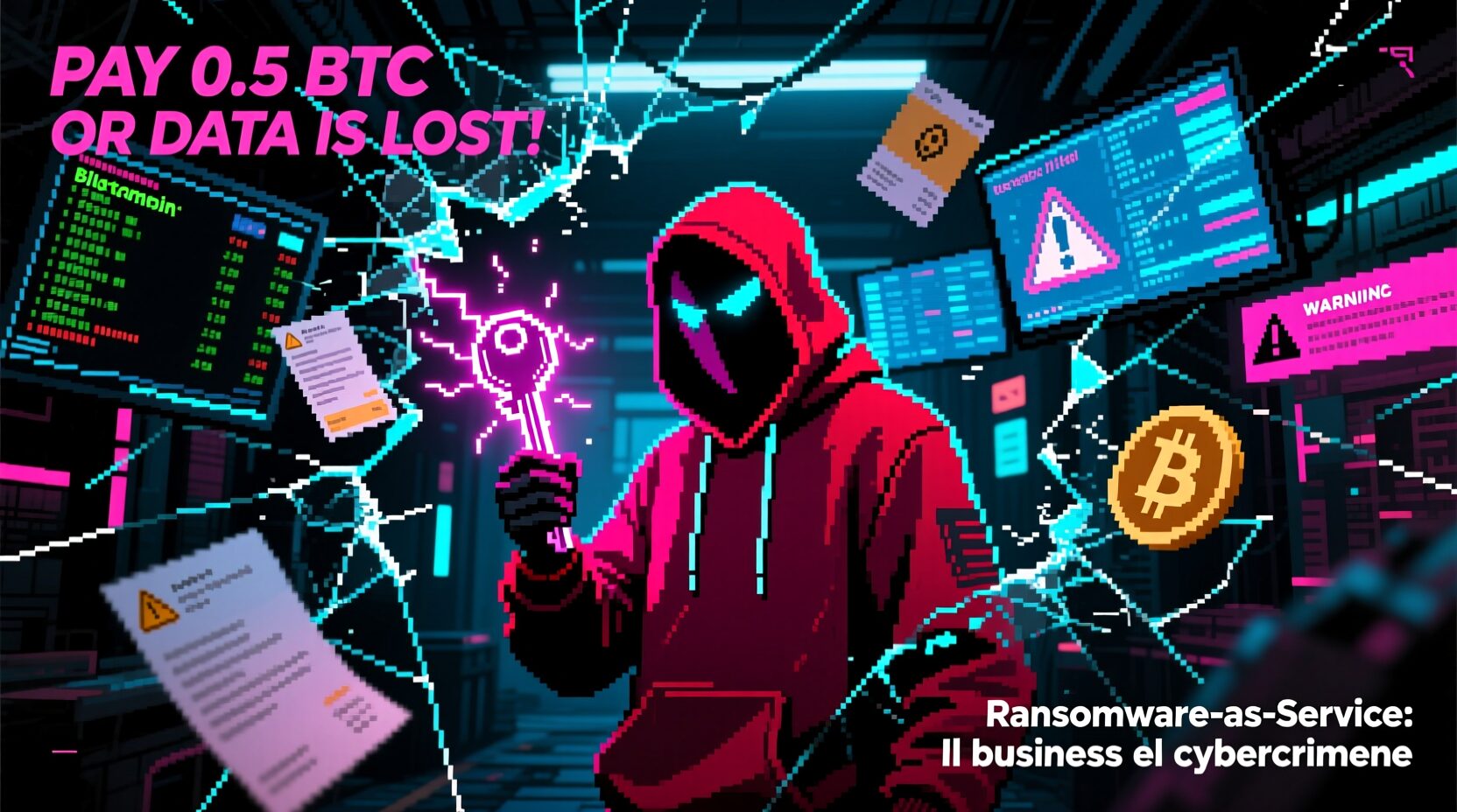 L'immagine mosraun hacker vestito di rosso a livello di criminale che infetta con i ransomware i sistemi informatici.