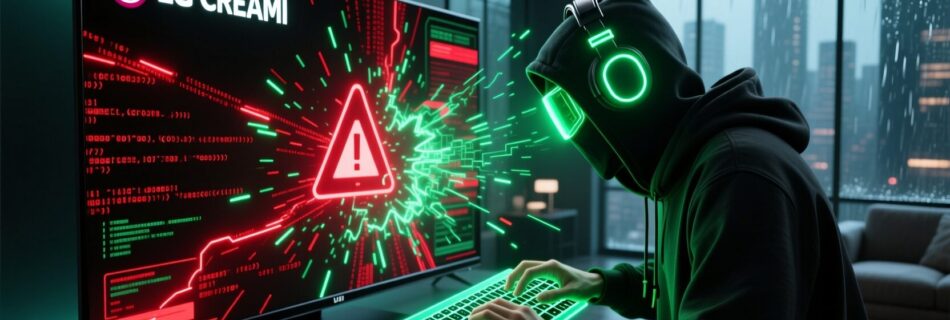 L'immagine mostra smart tv lg con hacker che la viola la smart tv.