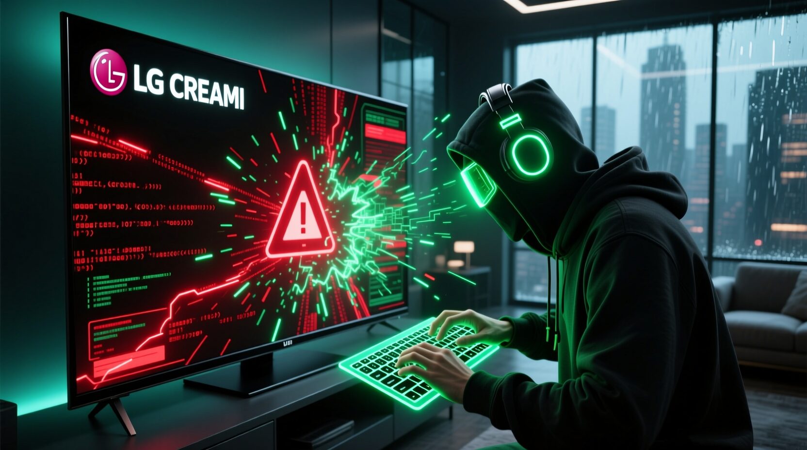 L'immagine mostra smart tv lg con hacker che la viola la smart tv.