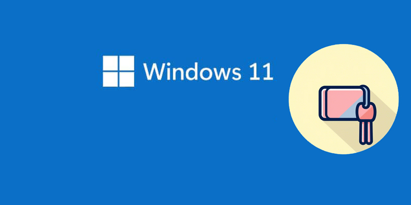 L'immagine mostra logo windows 11 con sfondo blu con la scritta bitlocker e icona del luchetto e portachiavi.
