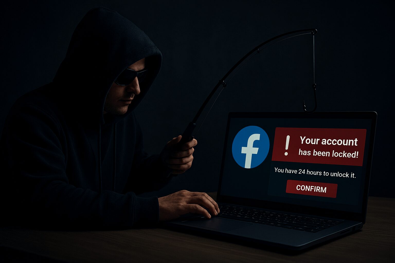 L'immagine mostra un hacker mentre fa una truffa e chiude un profilo basato su meta ad meneger.