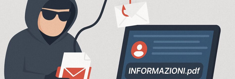 Un hacker che invia una mail di phishing via pdf al computer con allegato INFORMAZIONI.pdf scritto via email al monitor.