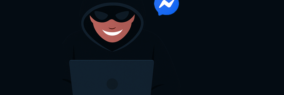 L'immagine mostra un Hacker che tenta di fare una truffa tramite messanger app di messaggi per facebook.