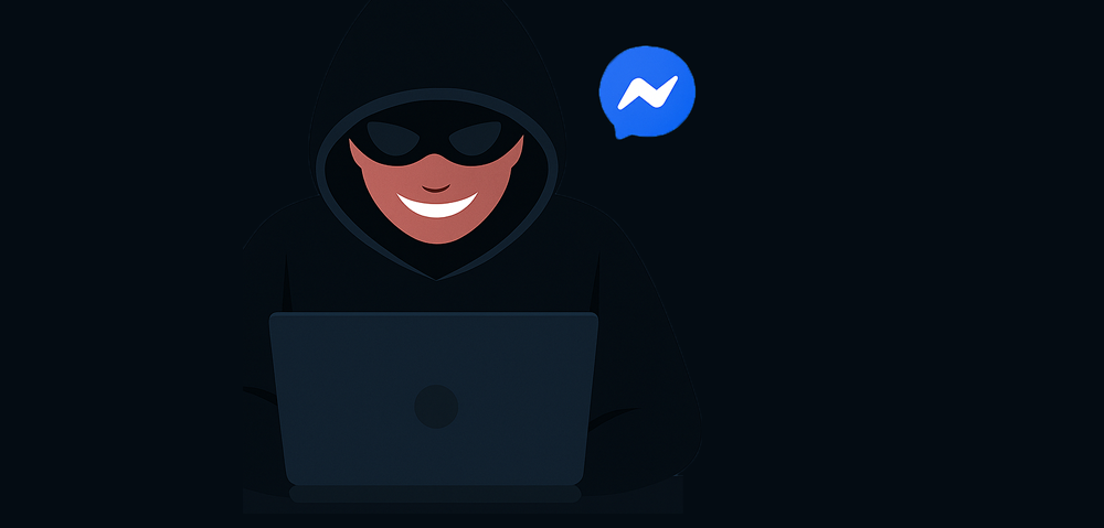 L'immagine mostra un Hacker che tenta di fare una truffa tramite messanger app di messaggi per facebook.
