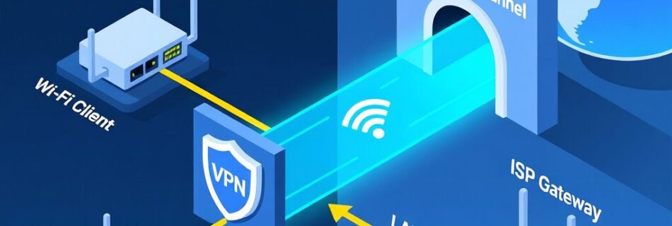 L'immagine mostra un tunnel VPN che instrada solo la rete WI-FI sotto VPN mentre invece la rete LAN viene esportata dalla VPN via ISP.