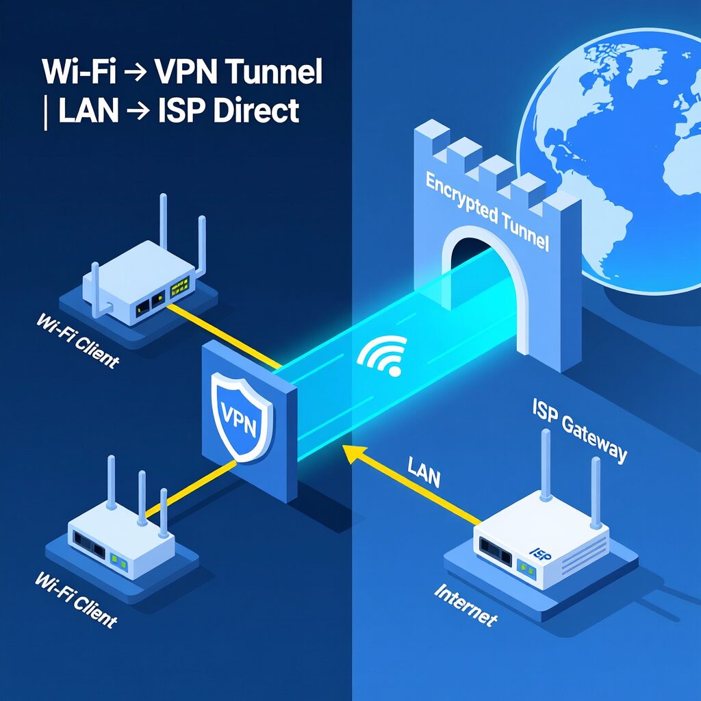 L'immagine mostra un tunnel VPN che instrada solo la rete WI-FI sotto VPN mentre invece la rete LAN viene esportata dalla VPN via ISP.