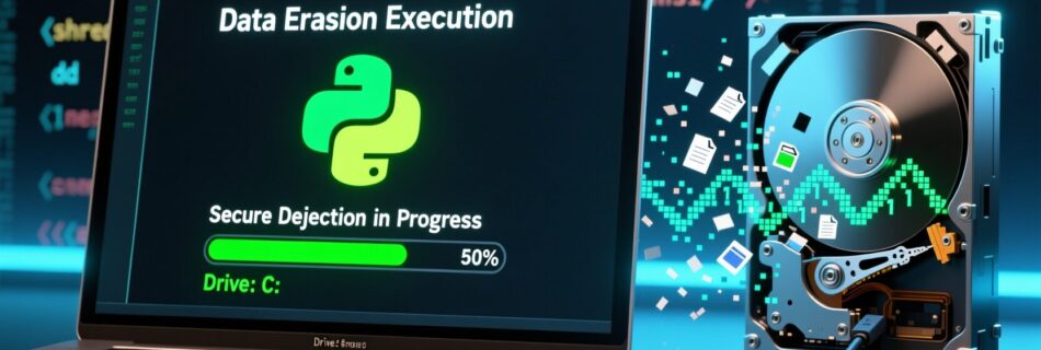L'immagine mostra un computer che distrugge i dati tramite un codice scritto in python su un HardDisk HDD