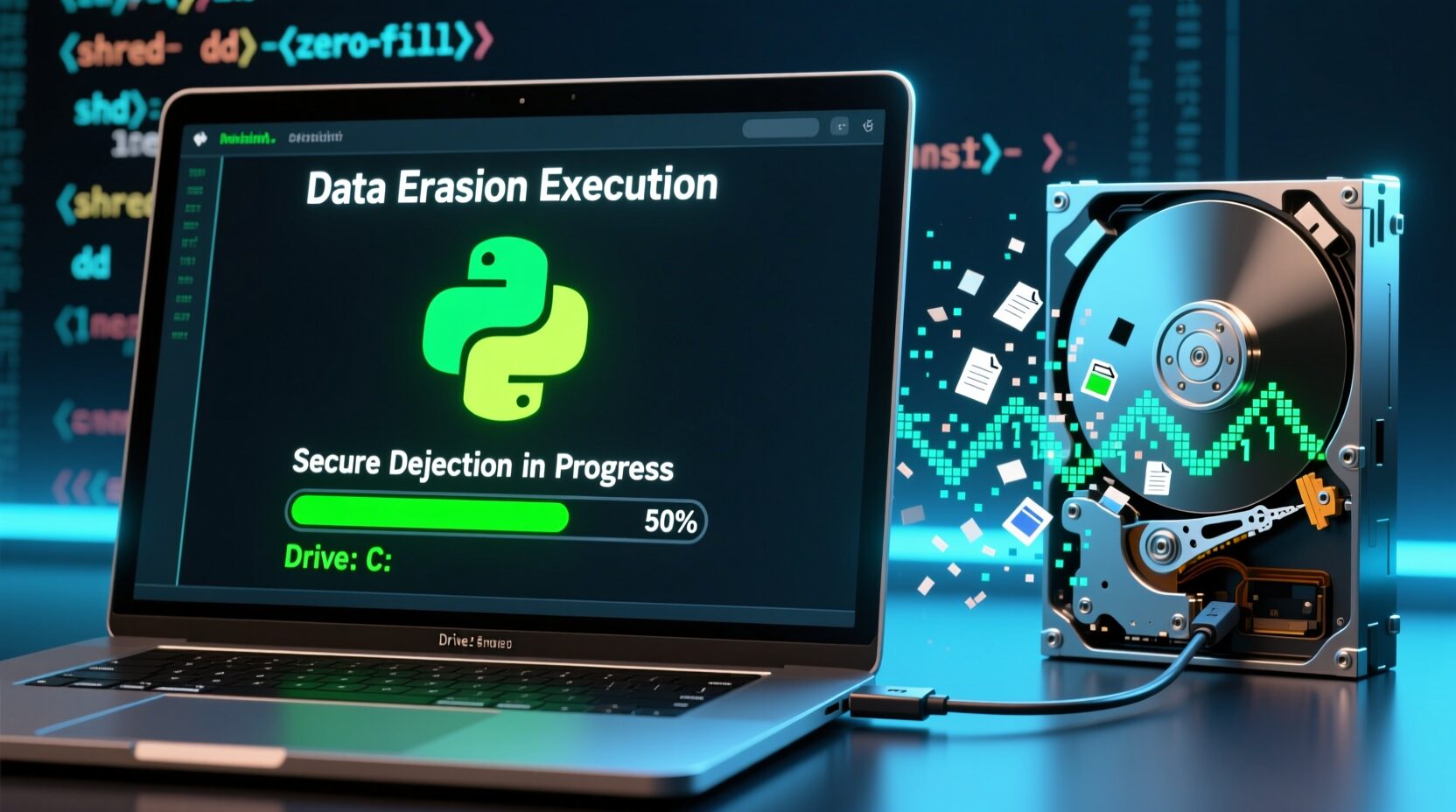 L'immagine mostra un computer che distrugge i dati tramite un codice scritto in python su un HardDisk HDD