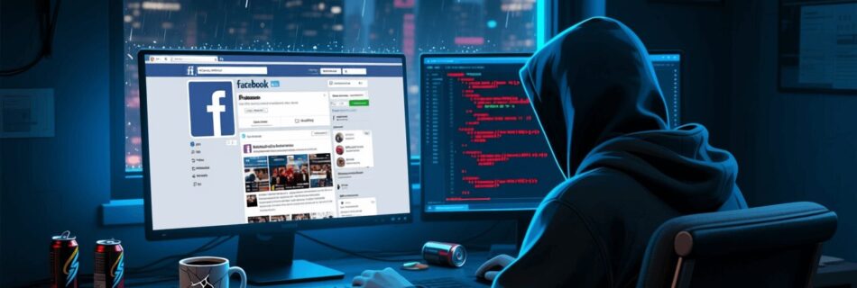 L'immagine mostra un truffatore hacker che crea un sito clone di facebook programmato sul monitor.