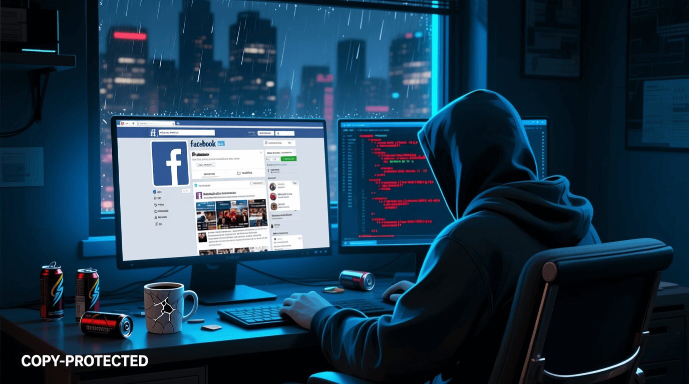 L'immagine mostra un truffatore hacker che crea un sito clone di facebook programmato sul monitor.