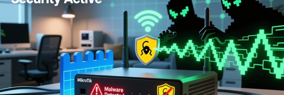L'immagine mostra un router mikrotik a cui viene bloccata l'attività di malware e phishing