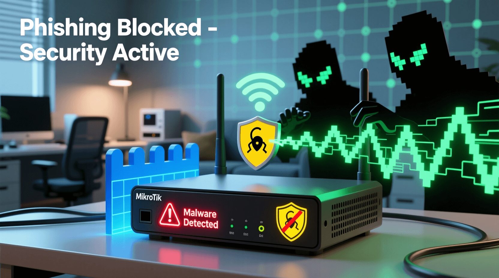 L'immagine mostra un router mikrotik a cui viene bloccata l'attività di malware e phishing