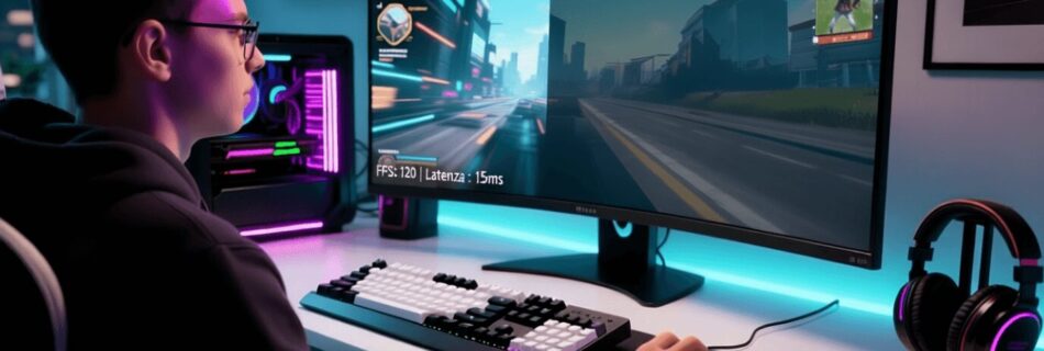 L'immagine mostra un ragazzo nerd davanti ad un pc gaming e monitor mentre gioca e usa il mouse.