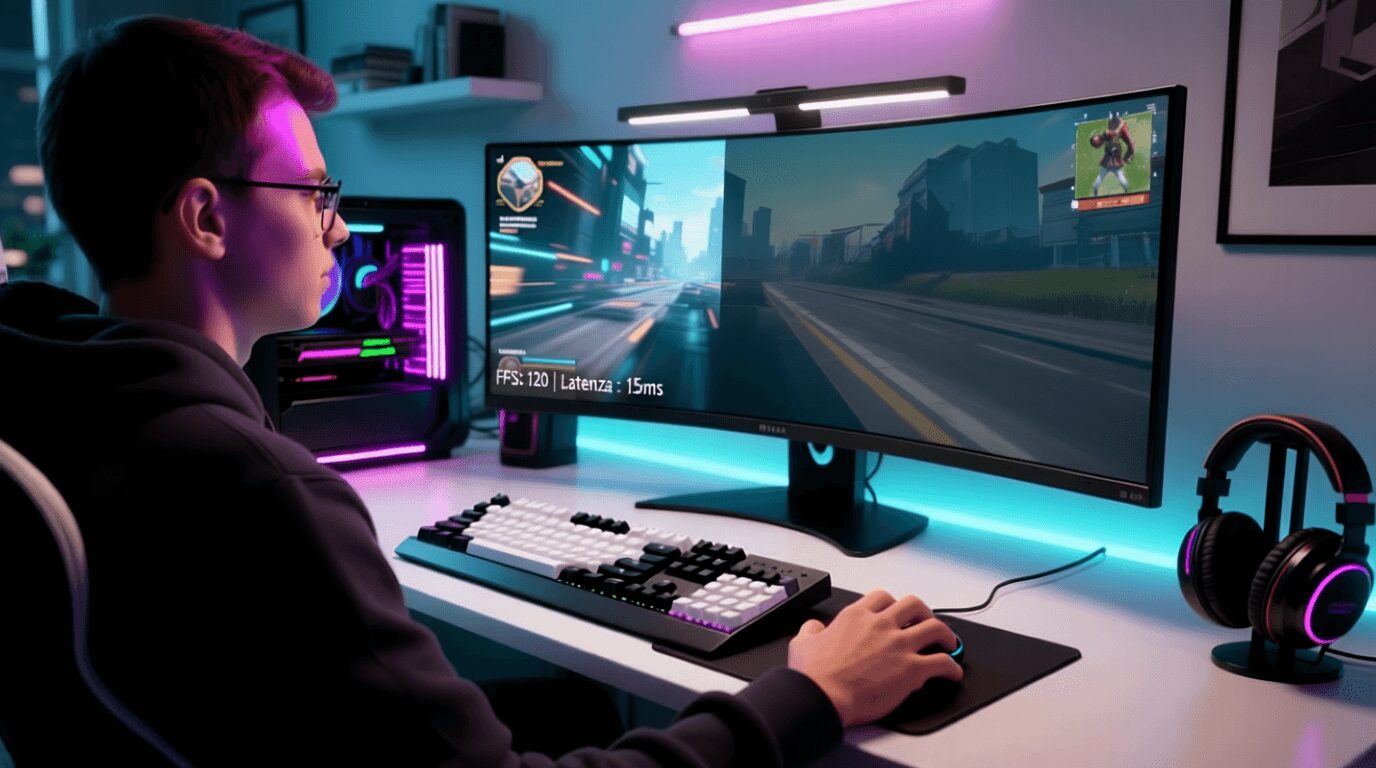 L'immagine mostra un ragazzo nerd davanti ad un pc gaming e monitor mentre gioca e usa il mouse.