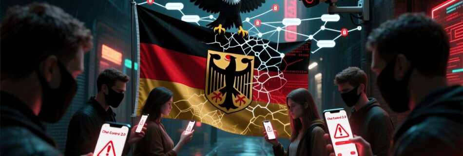 L'immagine mostra una bandiera tedesca con delle persone bloccate da un sistema di sorveglianza chiamato chat control.