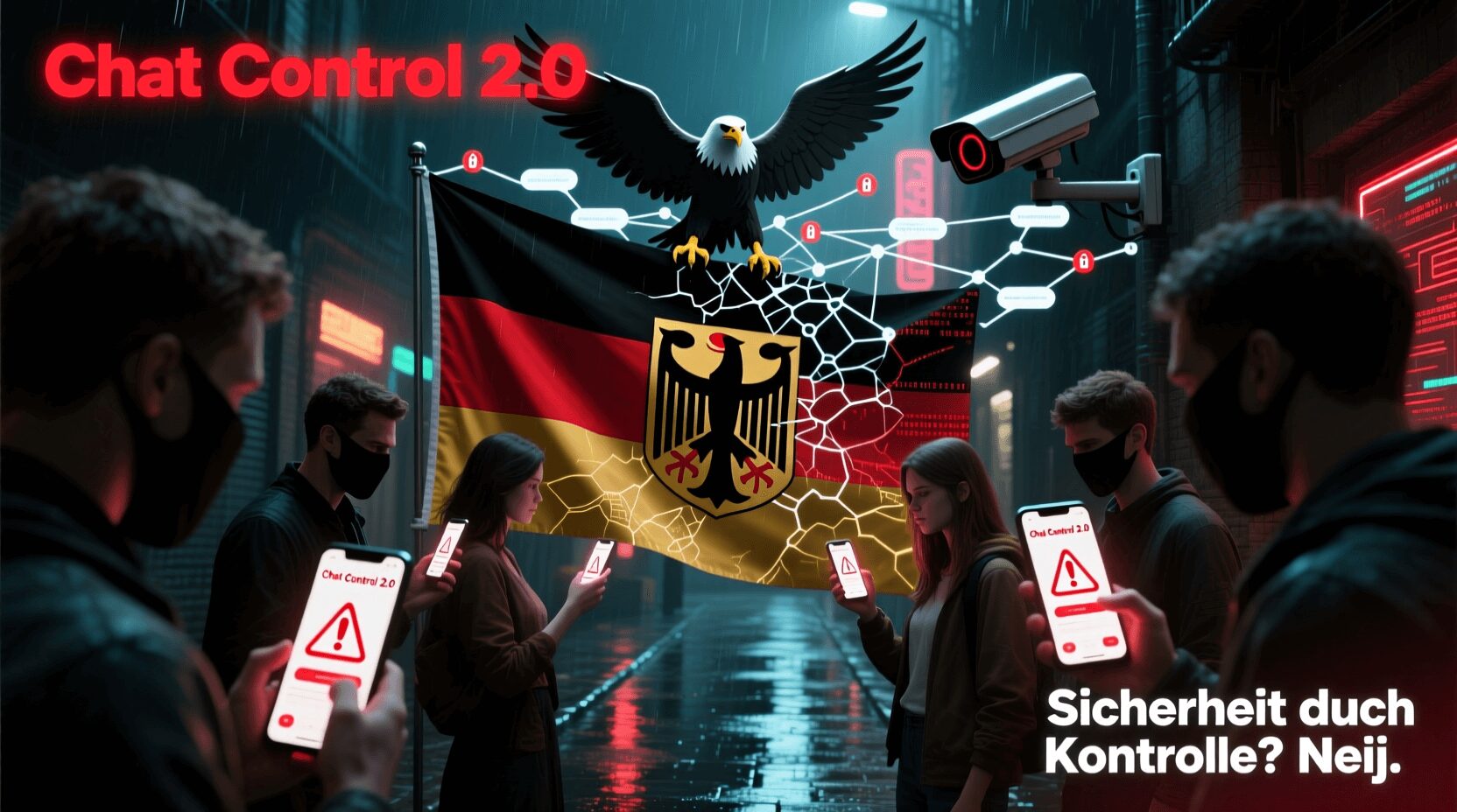 L'immagine mostra una bandiera tedesca con delle persone bloccate da un sistema di sorveglianza chiamato chat control.