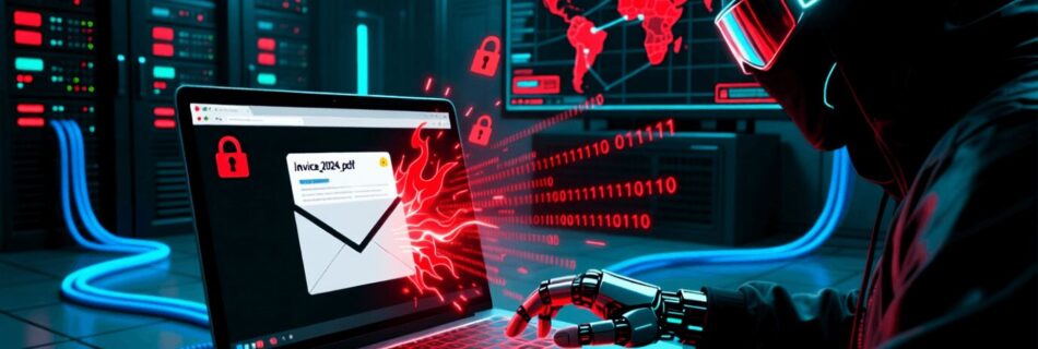 L'immagine mostra un cybercriminale che invia via email un ransomware e un allegato pdf dentro.