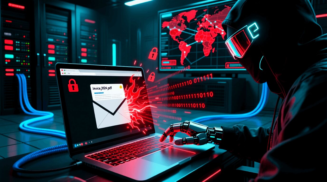 L'immagine mostra un cybercriminale che invia via email un ransomware e un allegato pdf dentro.