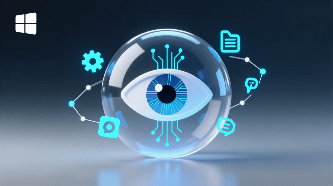 L'immagine mostra il logo di windows 11 con un occhio umano che vede delle funzioni nascoste di windows 11