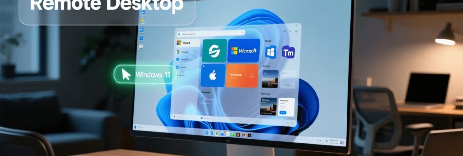 L'immagine mostra una scrivania con un computer e un desktop di windows 11 abilitato.