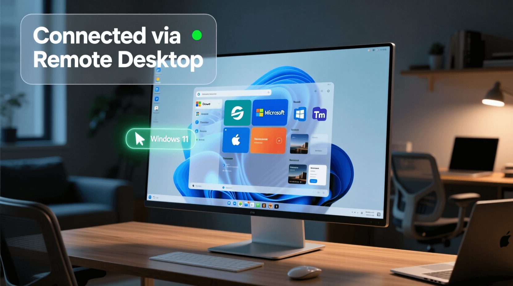 L'immagine mostra una scrivania con un computer e un desktop di windows 11 abilitato.